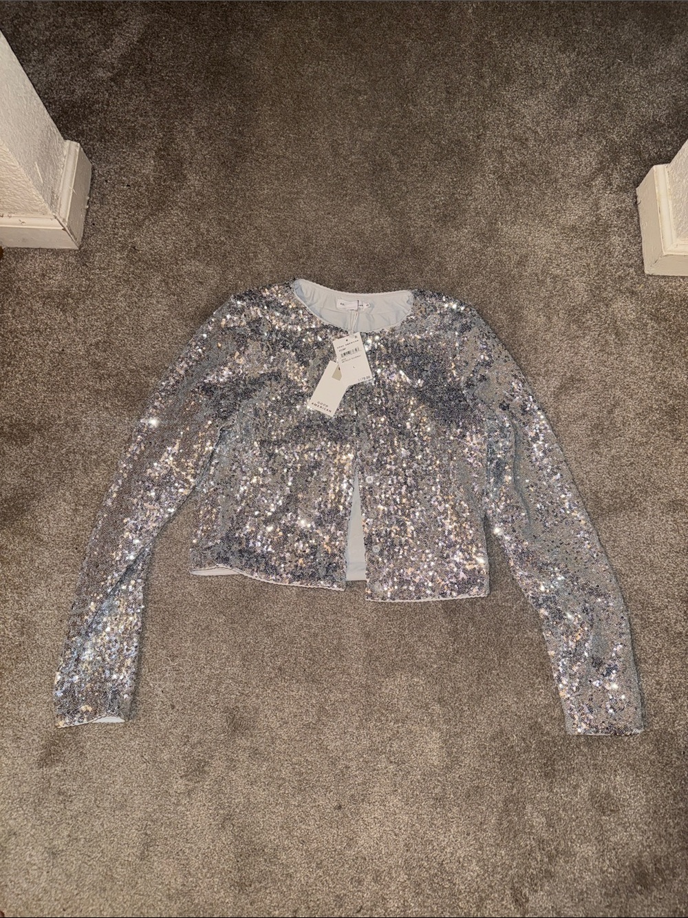Good American Silver Sequin Cropped Blazer